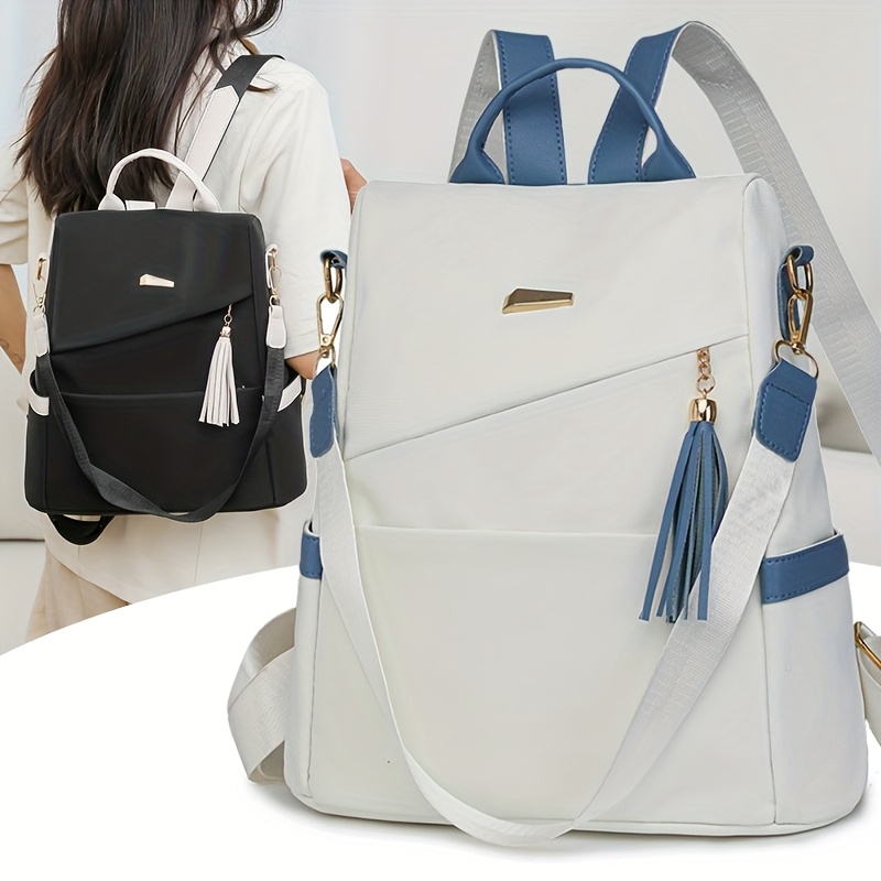 Mochila convertible de doble uso, gran capacidad, en nailon suave, con correas ajustables, cierre de cremallera y bolsillos utilitarios, color blanco y azul marino, mochila casual para viajes