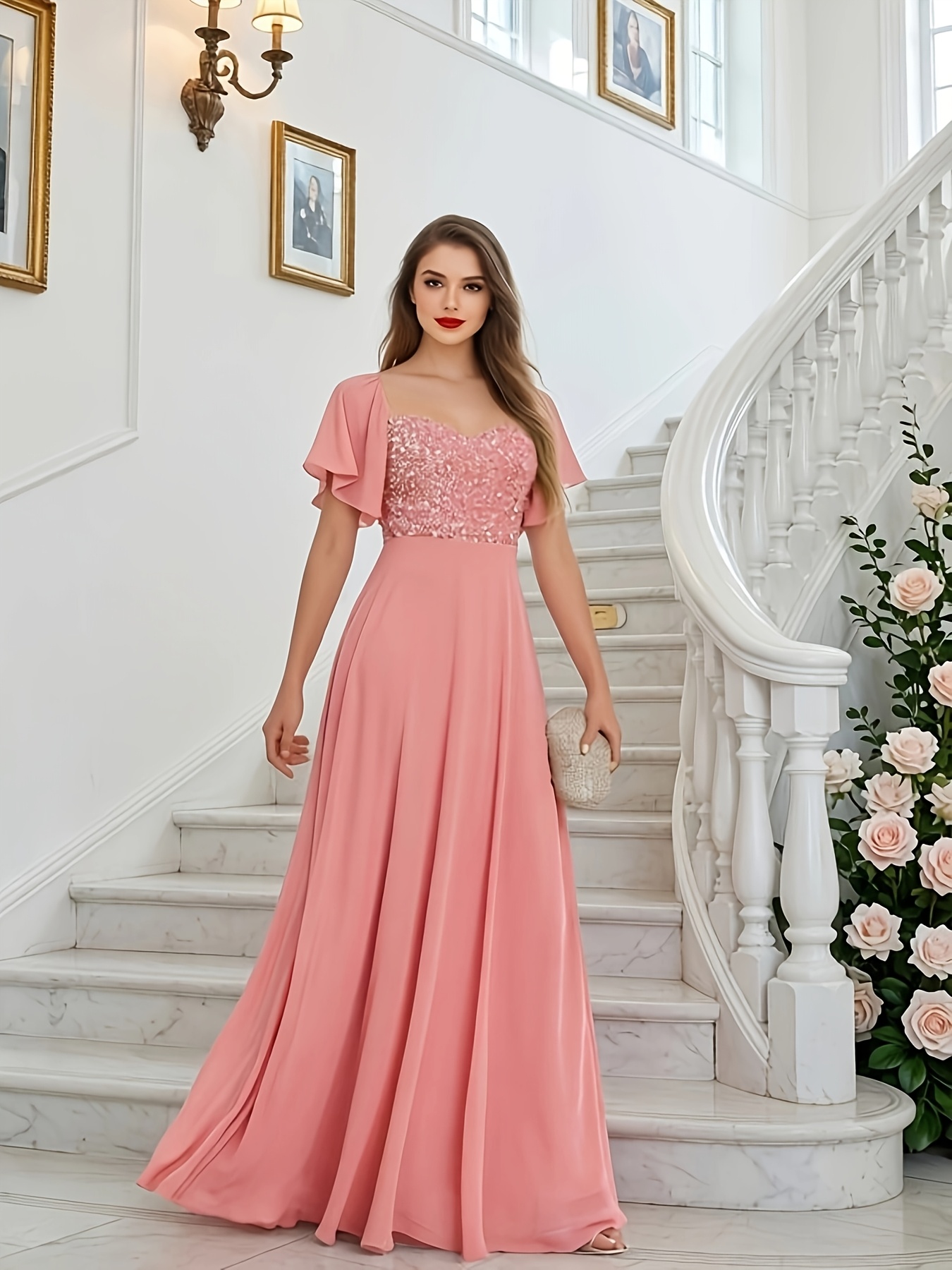 aline formal dresses australia Elegant Solid Color Chiffon Sequin Ruffle A-line Party Dress, Bridesmaid Dress, Women's Graduation Ball Dress, Wedding Guest Dress, Spring, Summer, Autumn and Winter Styles, Camisole Women's sundress for women