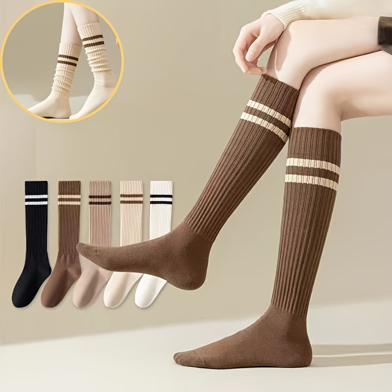 

5pcs Women's Striped Calf Socks - High , Fit For Slimming Effect, Spring & Fall