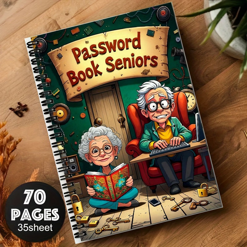 TEMU 1pc Cartoon Spiral Password Book For Seniors - 70 Pages Lock Design Notebook With Senior Character Art, Secure Password & Login Organizer For