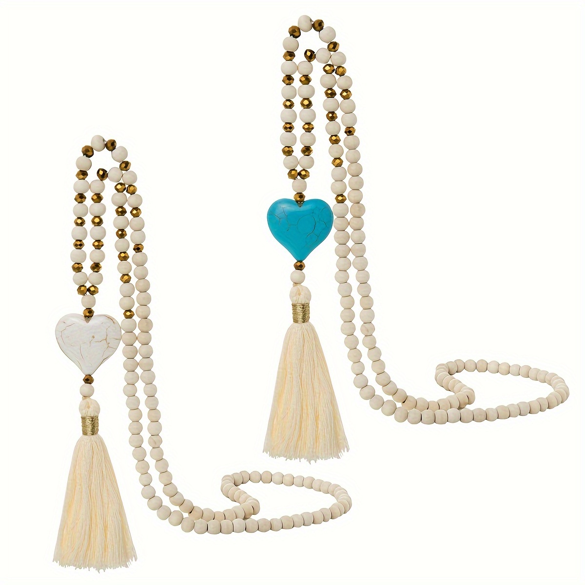 

Boho- Heart & Wooden Bead Tassel Necklace - Long Y-shape Pendant For Women | Perfect Gift Idea