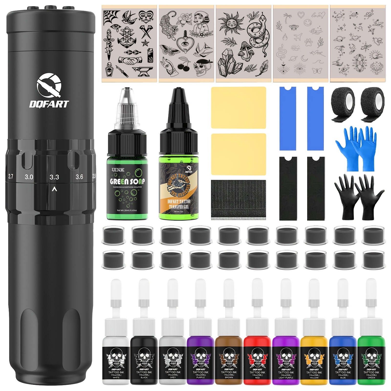  , Wireless Tattoo Machine Kit,   Tattoo Pen Set, Complete Tattoo Kit, Built-In Battery, 1500Mah, Adjustable Tattoo Needle Depth, with 10   Ink, 5 Tattoo Transfer Stencils, Tattoo Transfer Paste, Full Tattoo Equipment
