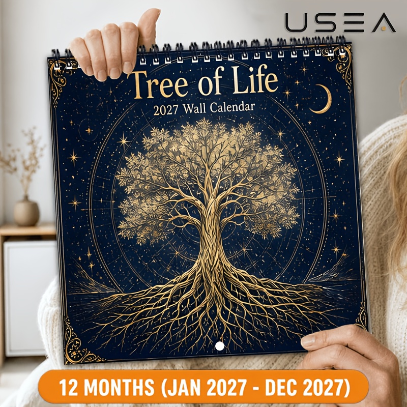 TEMU 2027 Wall Calendar, 12-month Hanging Planner With Twin Wire Spiral Binding, 8.3x8.3 Inch Square, Tree Of Life Celestial Design, Large Blocks, Us