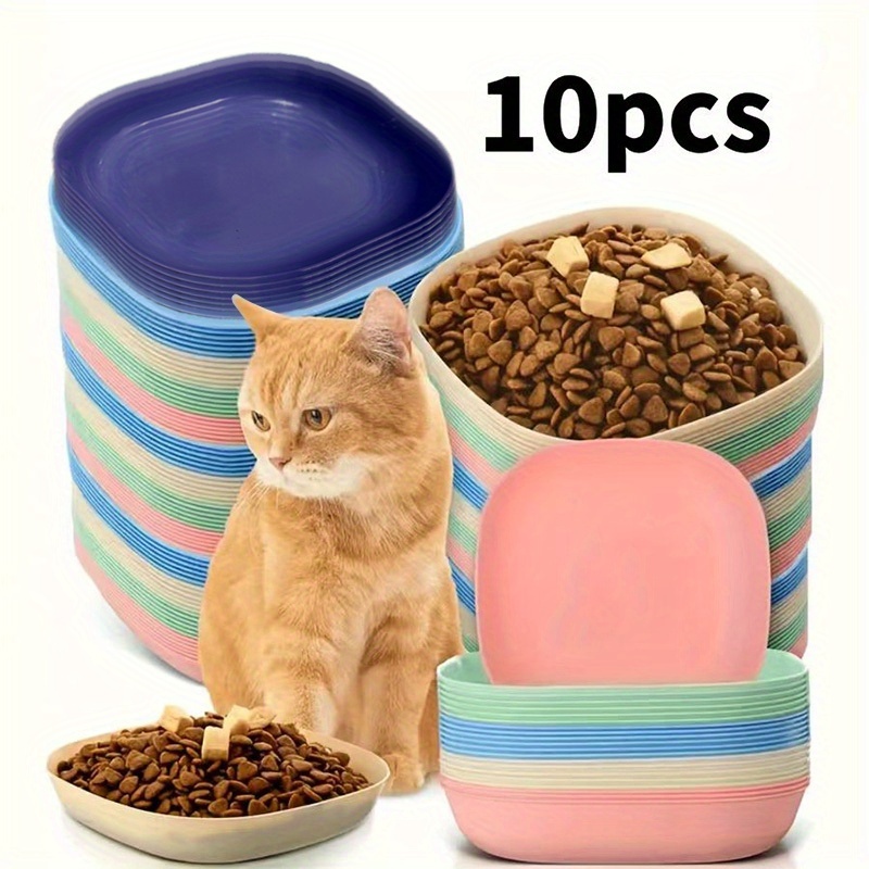 Image of 10pcs Set Plastic Cat Bowls, Non-slip Shallow Pet Food And Water Dishes, Suitable For Small Cats, Kittens, Short Leg Cats, , And Stray Cats - Uncharged, No Battery Needed