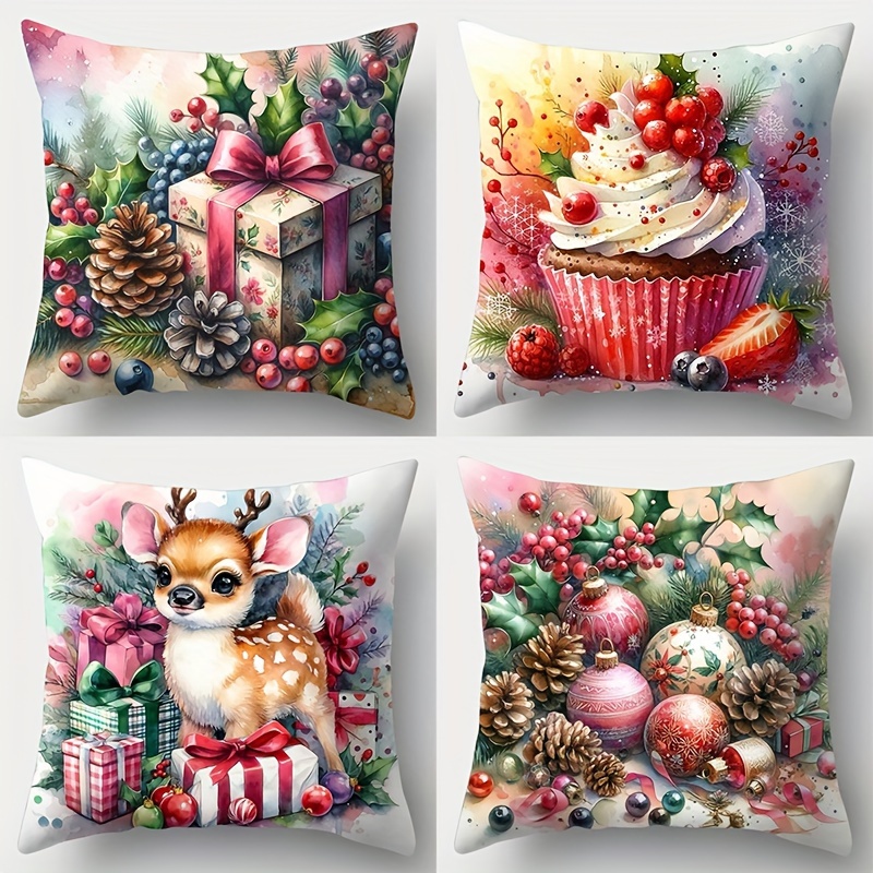 

4-piece Set Christmas Throw Pillow Covers - Festive Merry Christmas Design, 17.7" Square, Polyester, Zip Closure - Perfect For Sofa & Home Decor (inserts Not Included)