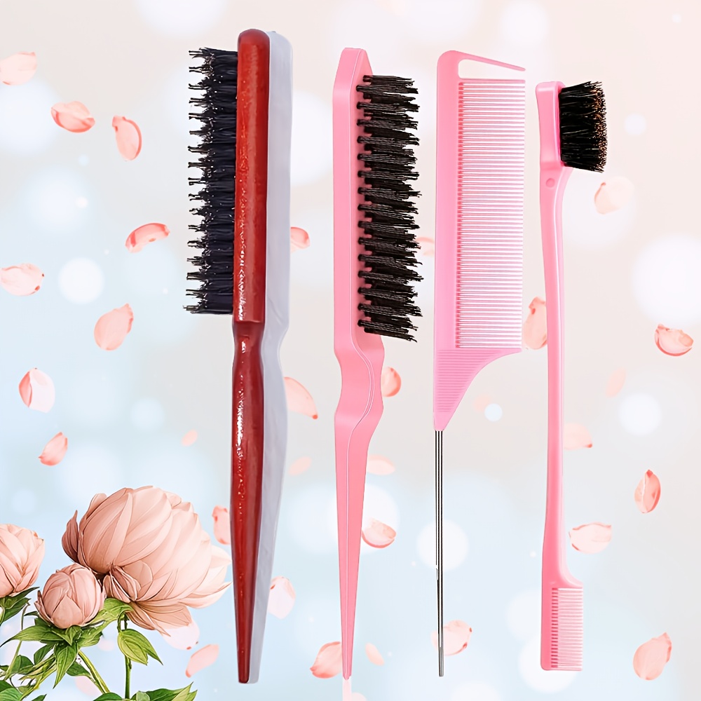 TEMU Nuevo set de 4 cepillos de cerdas para peinar hacia atrás, para un cabello suave y sin vuelos, , coleta elegante, moños y bordes, rizos | Peine