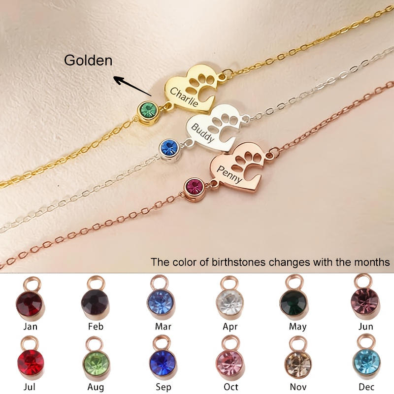 TEMU Personalized Stainless -shaped Dog Paw Bracelet, Featuring A Birthstone And Custom Engraving Of The Pet's Name. A Commemorative Gift For Pet