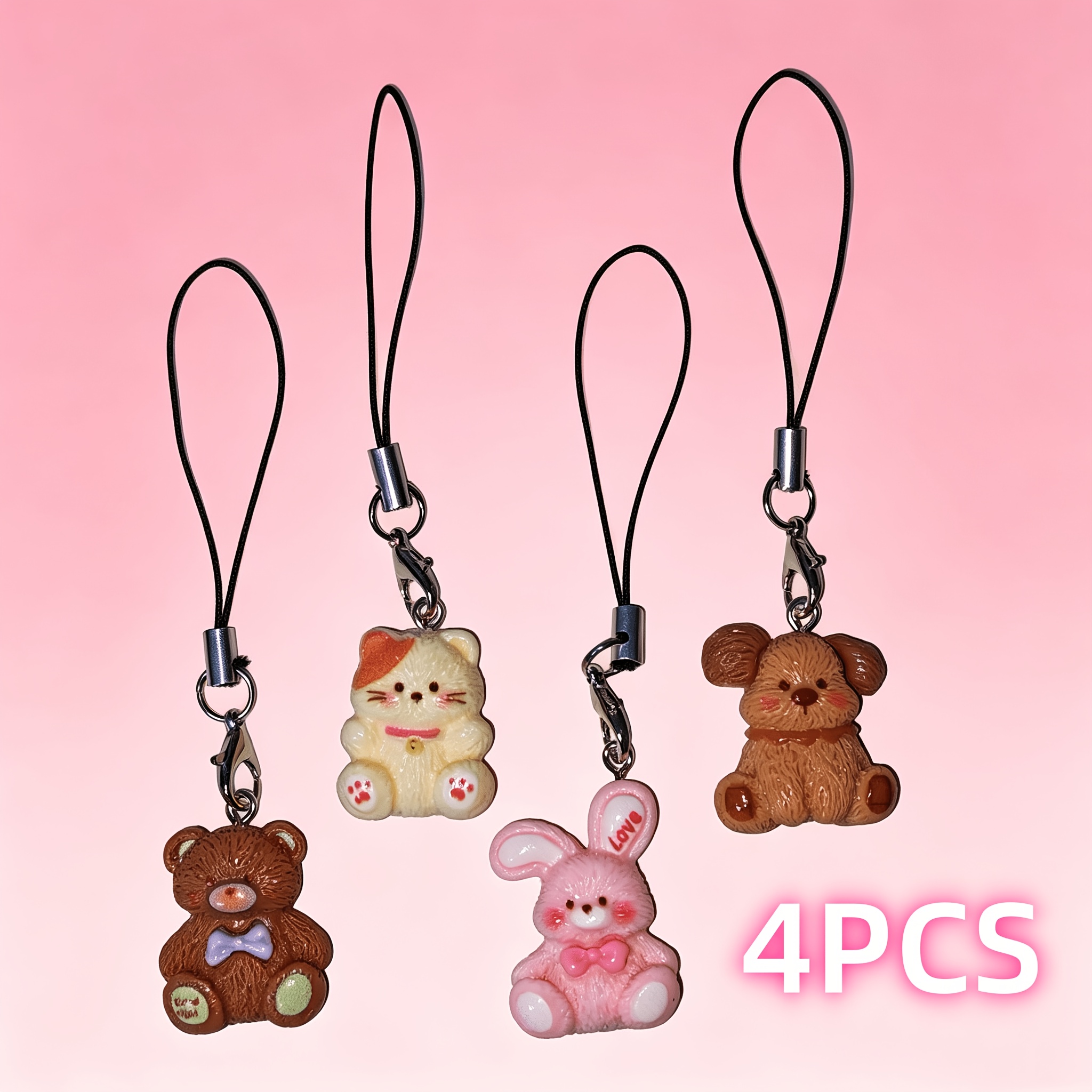 TEMU 4pcs Cartoon Cute Animal Resin Pendant, Suitable For Mobile Phone Bracelet, Mobile Phone Decoration, Cute Mobile Phone Ornament, Soft And Cute