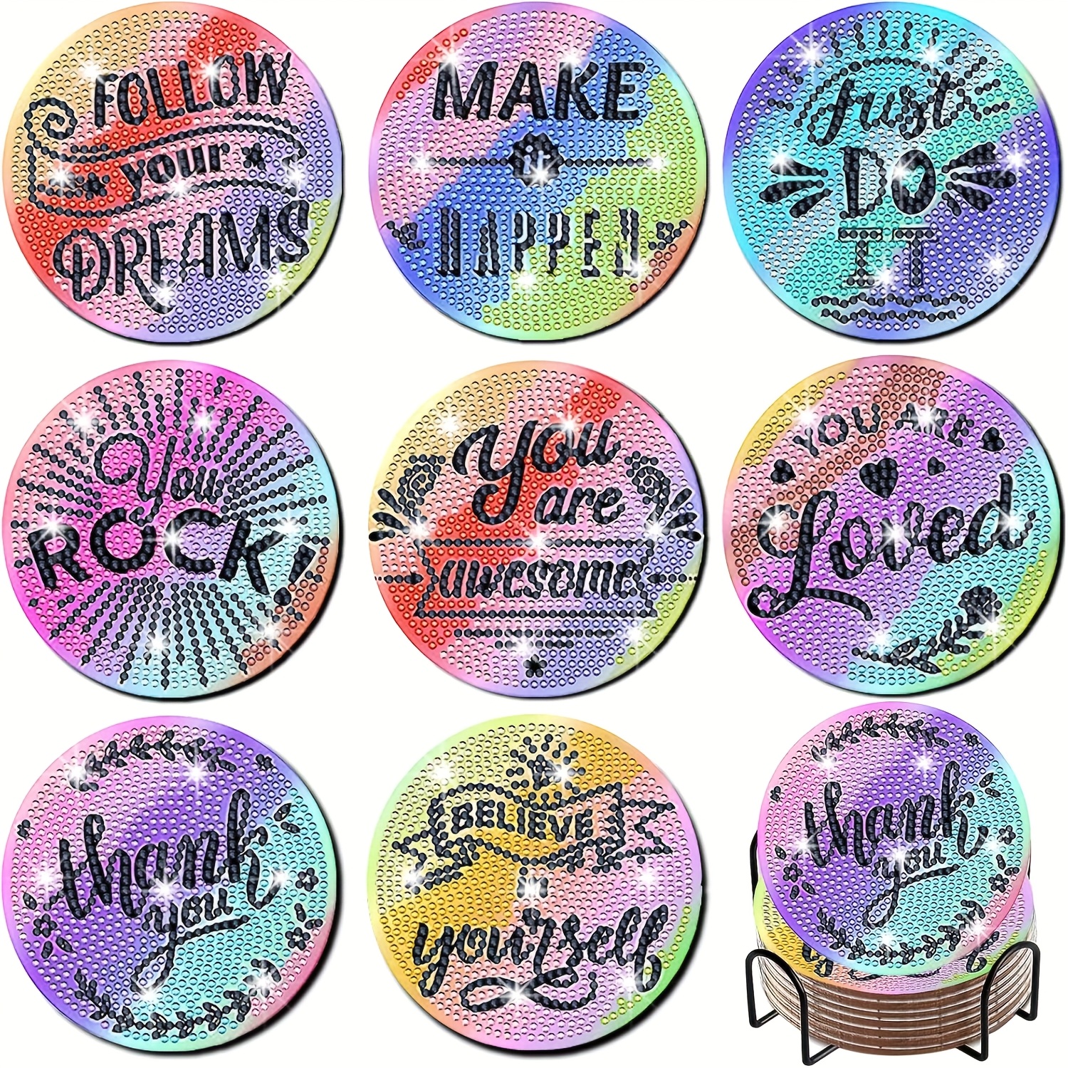 

8-pack 5d Diamond Art Coaster Set With Stand, Round Plywood Diy Coasters For Adults, Inspirational Quotes Diamond Painting Craft Supplies, Greetings Themed