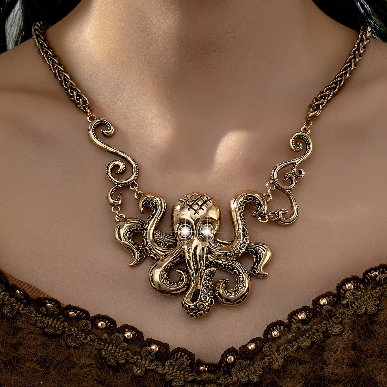 Vintage Octopus Necklace with Rhinestones for Women
