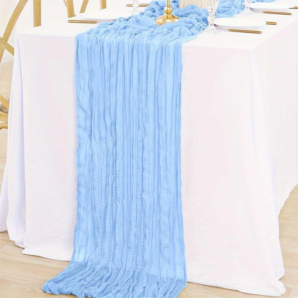 

Elegant Light Blue Gauze Table Runner - 3x10 Ft, Vintage Sheer Pleated Design For Wedding Receptions & Party Decor, Polyester