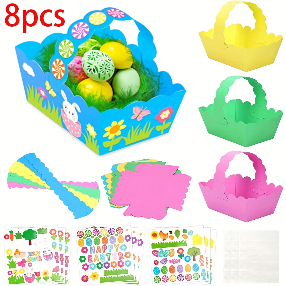 

8-pack Easter Baskets, Diy Handmade Paper Baskets, Bunny Egg Party Favor Bags With 12 Stickers For Egg Hunt Diy Decorated Gift Baskets