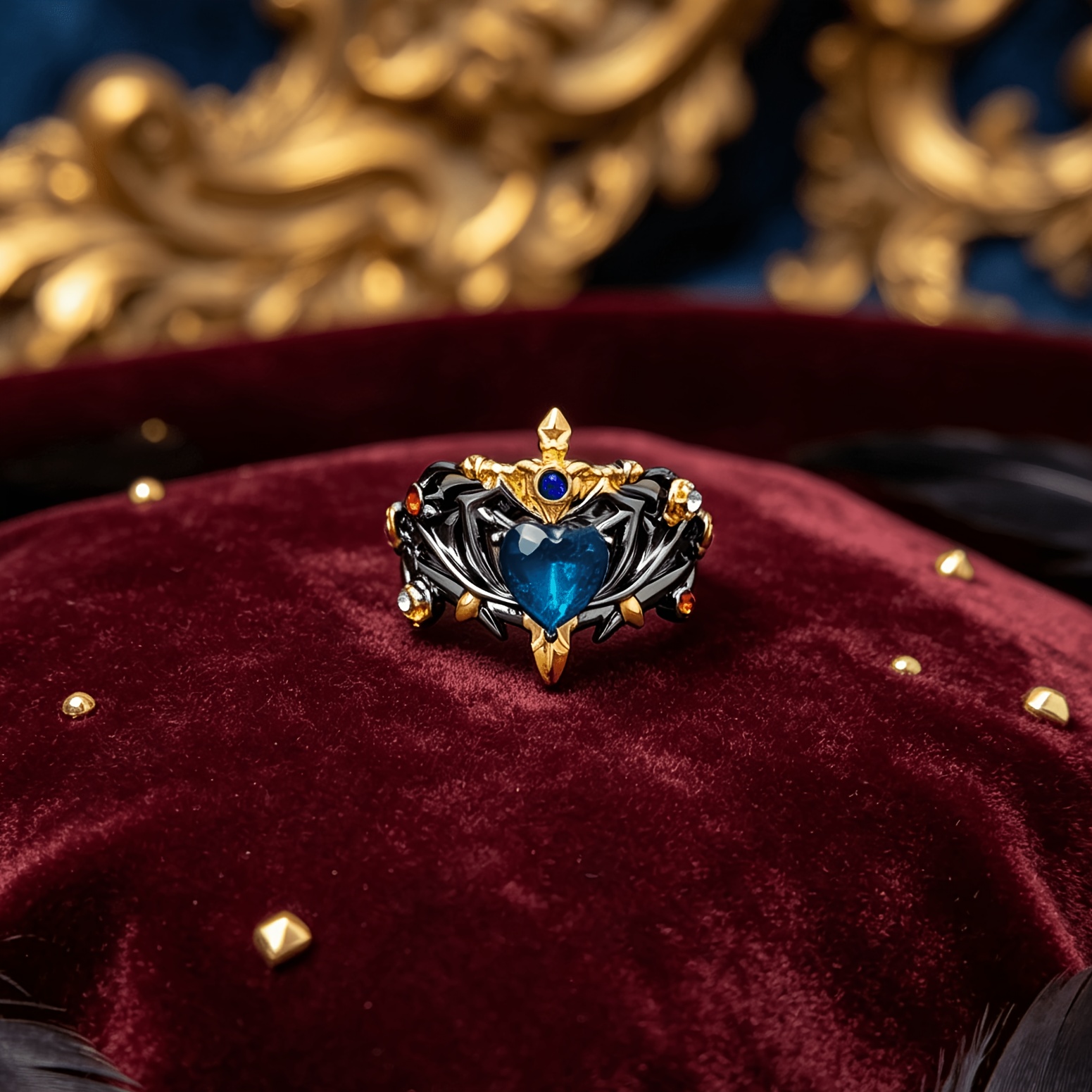 TEMU Adjustable Gothic Sword Heart Ring With Blue Rhinestones - Unique Alloy Ring With Mixed Colors And Sophisticated Design For A Style