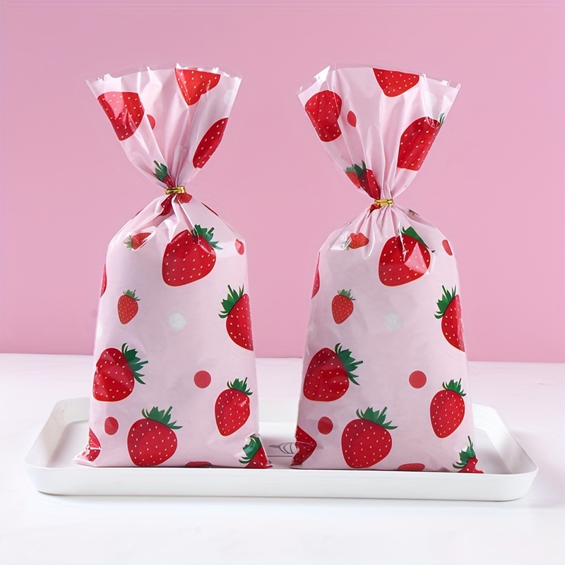 

25/50/100pcs, Strawberry Gifts Candy Bag, Plastic Biscuit Food Packing Bags, Happy Birthday Party Supplies, Sweet Strawberry Wedding Bridal Shower Gifts For Guests, 1st Birthday Party Decor Candy Bag