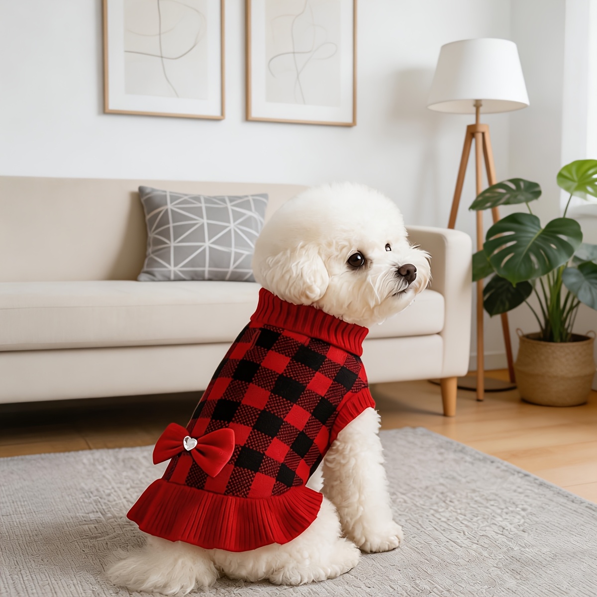 1pc Red Check Dog Sweater Dress with Bow - Winter Warm Turtleneck Knitwear  for Small Dogs * Sweaters Suitable for Teacup Yorkie, Chihuahua & Small  Breeds