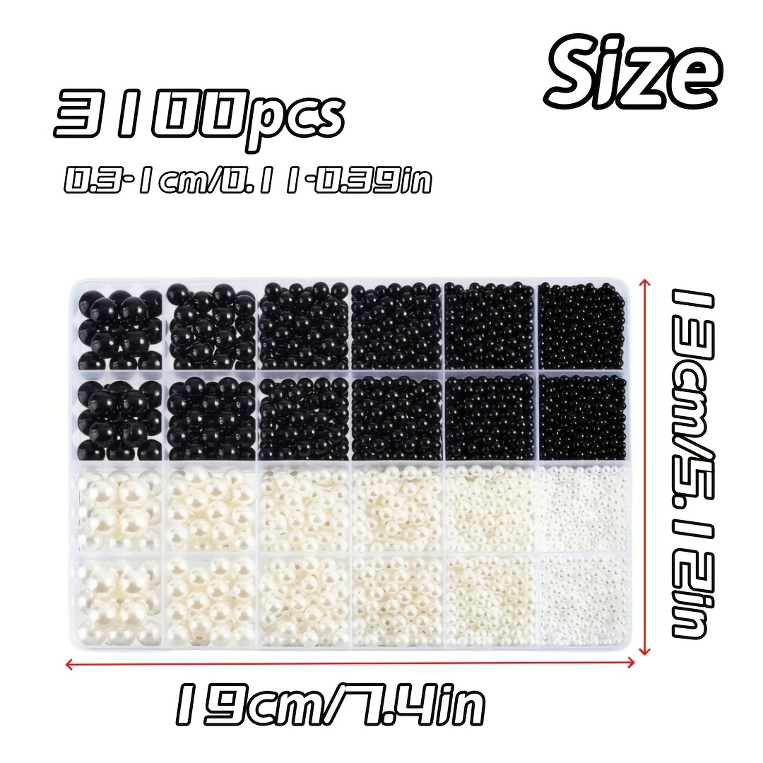 Image of A Box Containing 3100pcs Of Black And White Acrylic Beads In Sizes 3, 4, 5, 6, 8, And 10mm, Perfect For Crafts Like Bracelets, Necklaces, And Other Jewelry