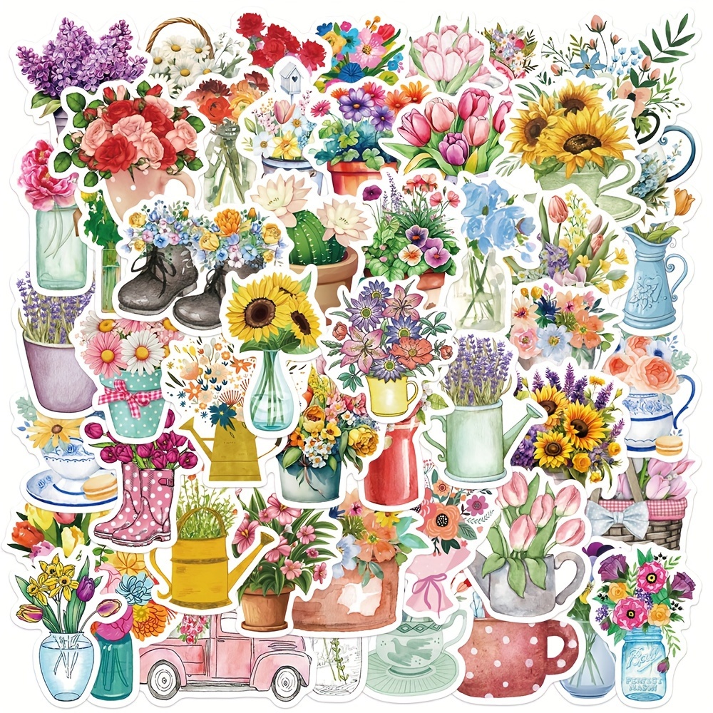 

50pcs Assorted Flower Stickers Set - Decorative Paper Stickers For Diy Scrapbooking, Luggage, Phone Case, Laptop, Helmet, And Skateboard - Waterproof, Single-use, Matte Finish, Irregular Shaped Seals