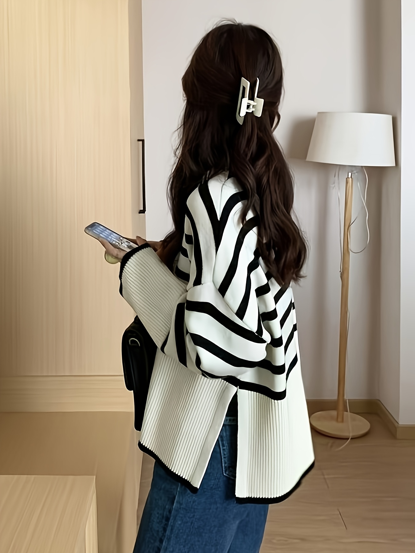 womens black white striped sweater loose fit long sleeve Temu