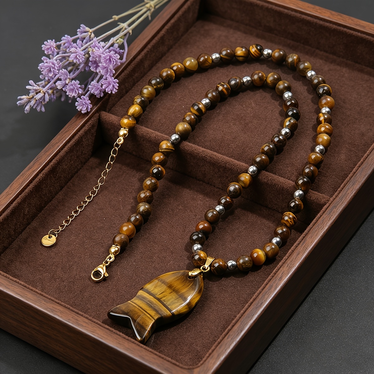 Natural Tiger's Eye Round Bead Necklace with Fish-Shaped Pendant