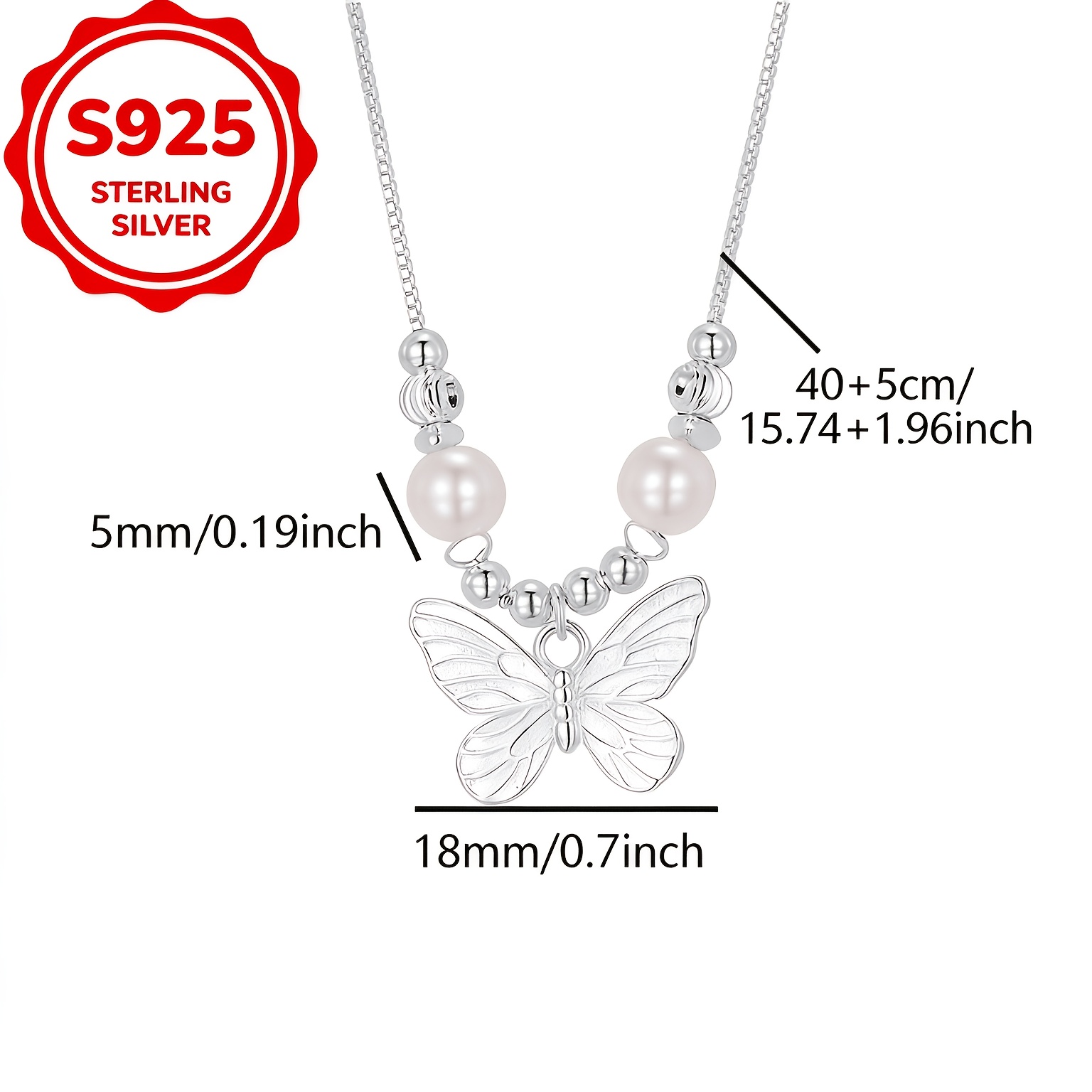 Women's 925 Sterling Silver Round Bead Butterfly Pendant Necklace