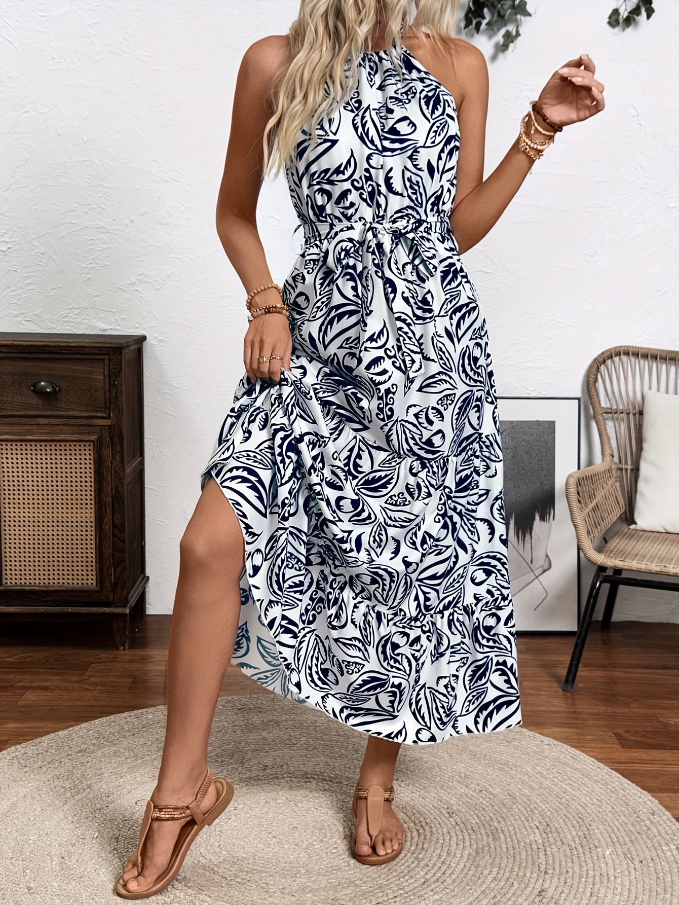 halter maxi dress casual Women's Bohemian Spring Sleeveless Grey Halter Maxi Dress main image 1