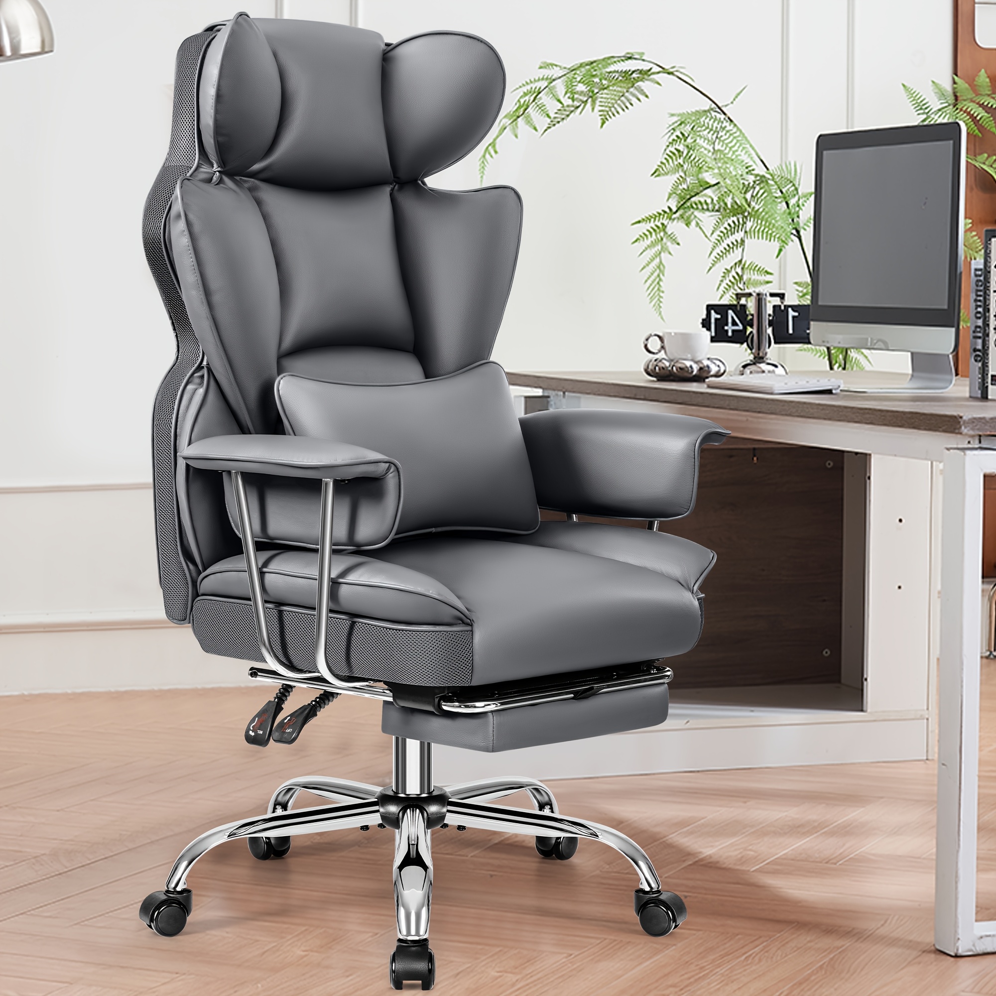 Temu Kerdom Big And Tall Executive Office Chair With Footrest - Ergonomic High-Back Leather Chair Suitable For , Reclining Lumbar Support Computer-image