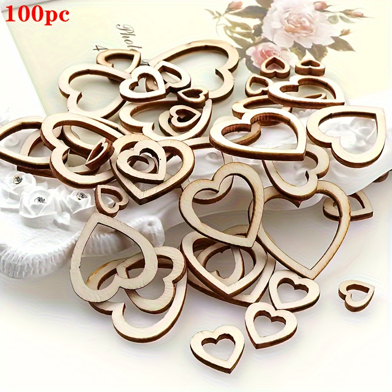 Image of 100pcs Mixed Sizes Wooden Heart Shaped Hollow Cut Wedding Heart Shaped Ornaments Home Decor Wooden Valentine's Day Decorations Craft