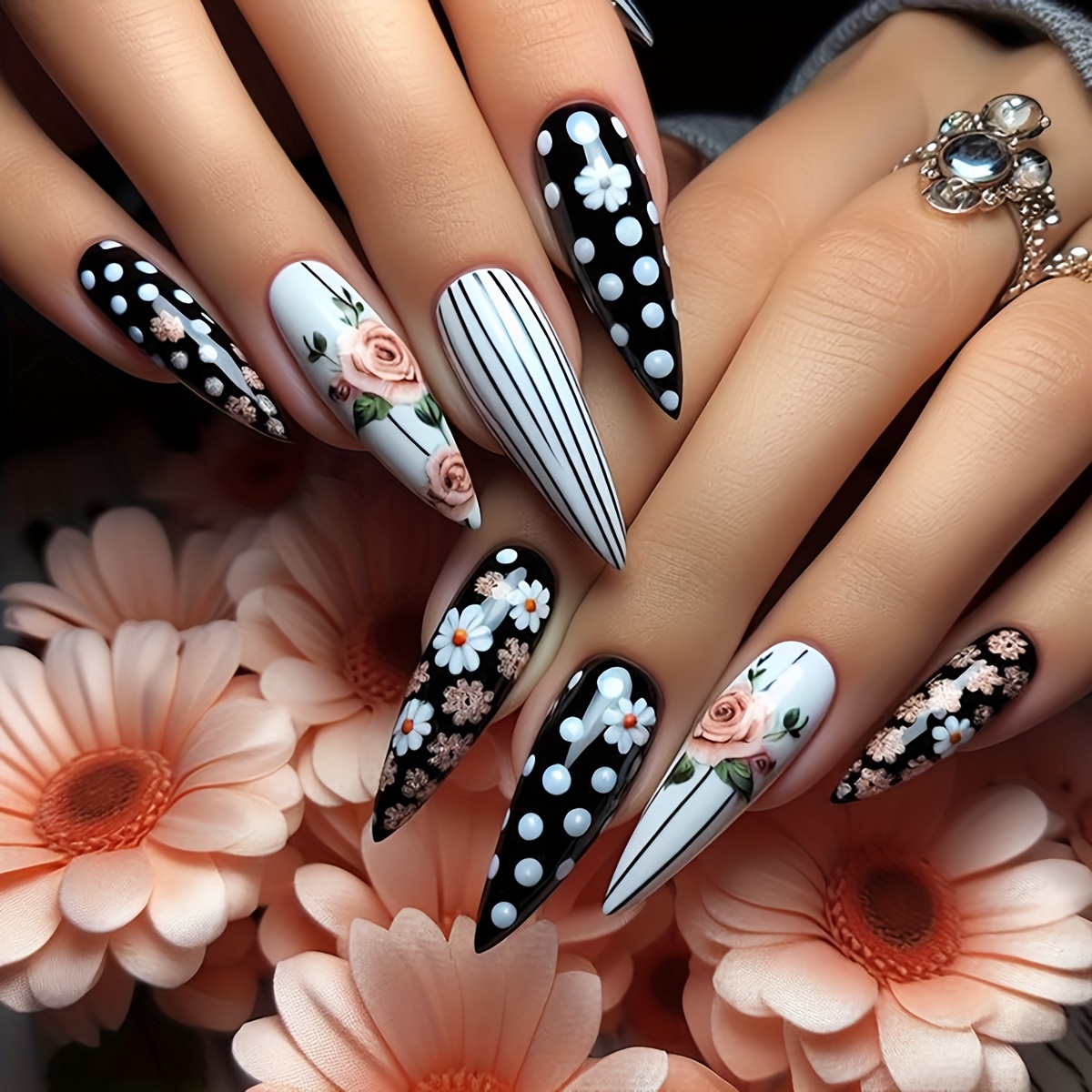 

24pcs Elegant Long Stiletto Press-on Nails Set, Black & White Floral And Striped Design With , Includes Jelly Glue & Nail File, Removable And Reusable For Parties, Dancing, And