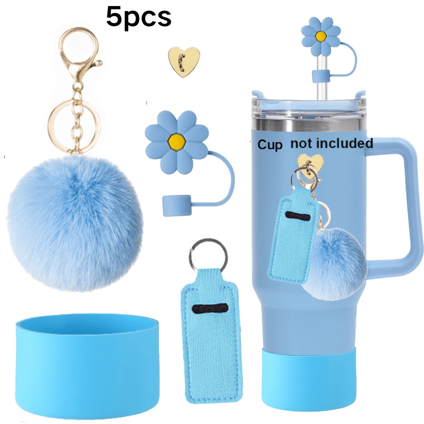 TEMU 5pcs Water Cup Accessory Set For 30oz 40oz Tumbler Cup, 1 Straw , 1 Lip Balm Pendant, 1 Silicone Water Cup Bottom Protector, 1 Ball Charm, 1