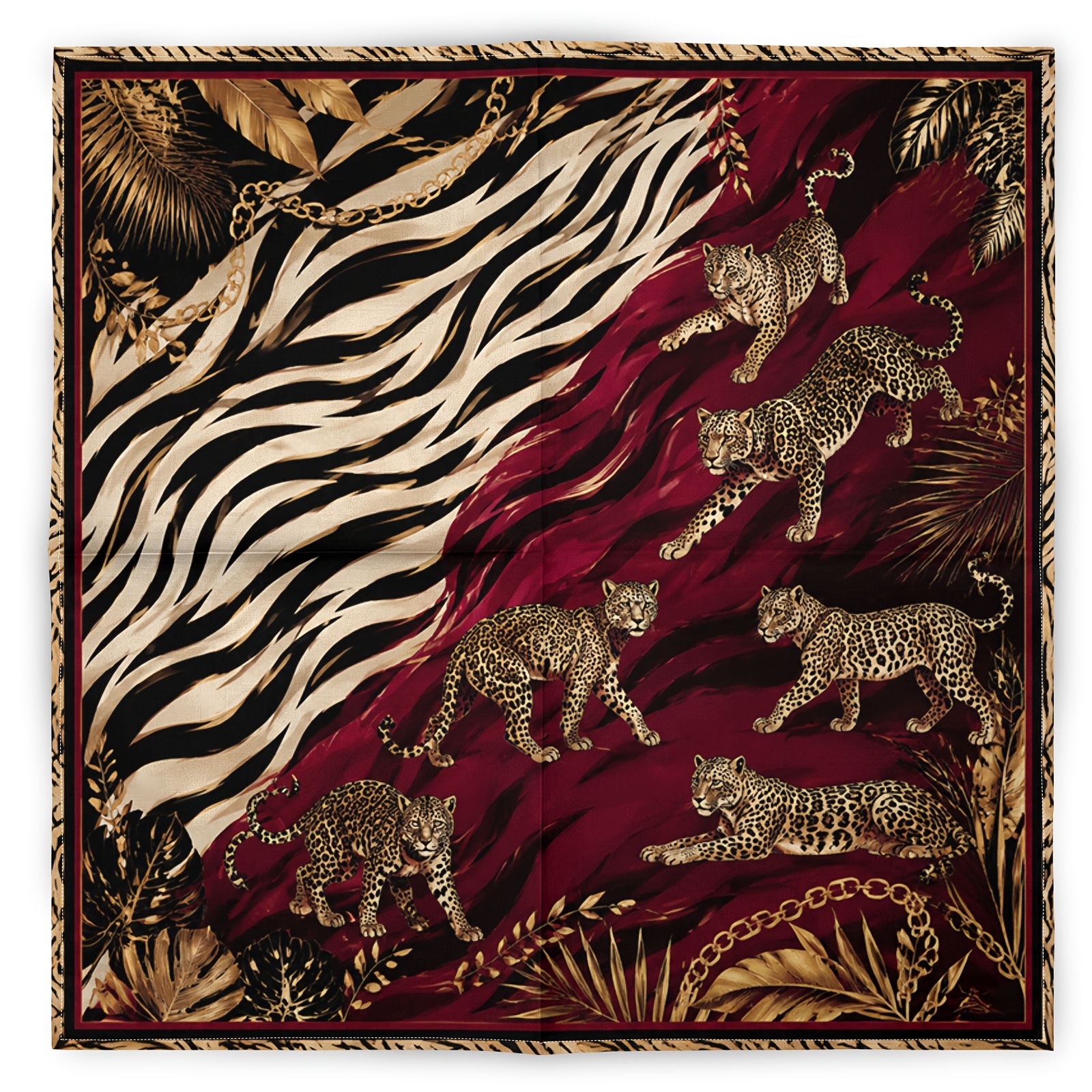 TEMU Leopard Print And Zebra Print Vintage Fashion Scarf And Neck Warmer, Red Base With Hip-hop Trendy Headscarf, Tropical Leaf And Animal Pattern