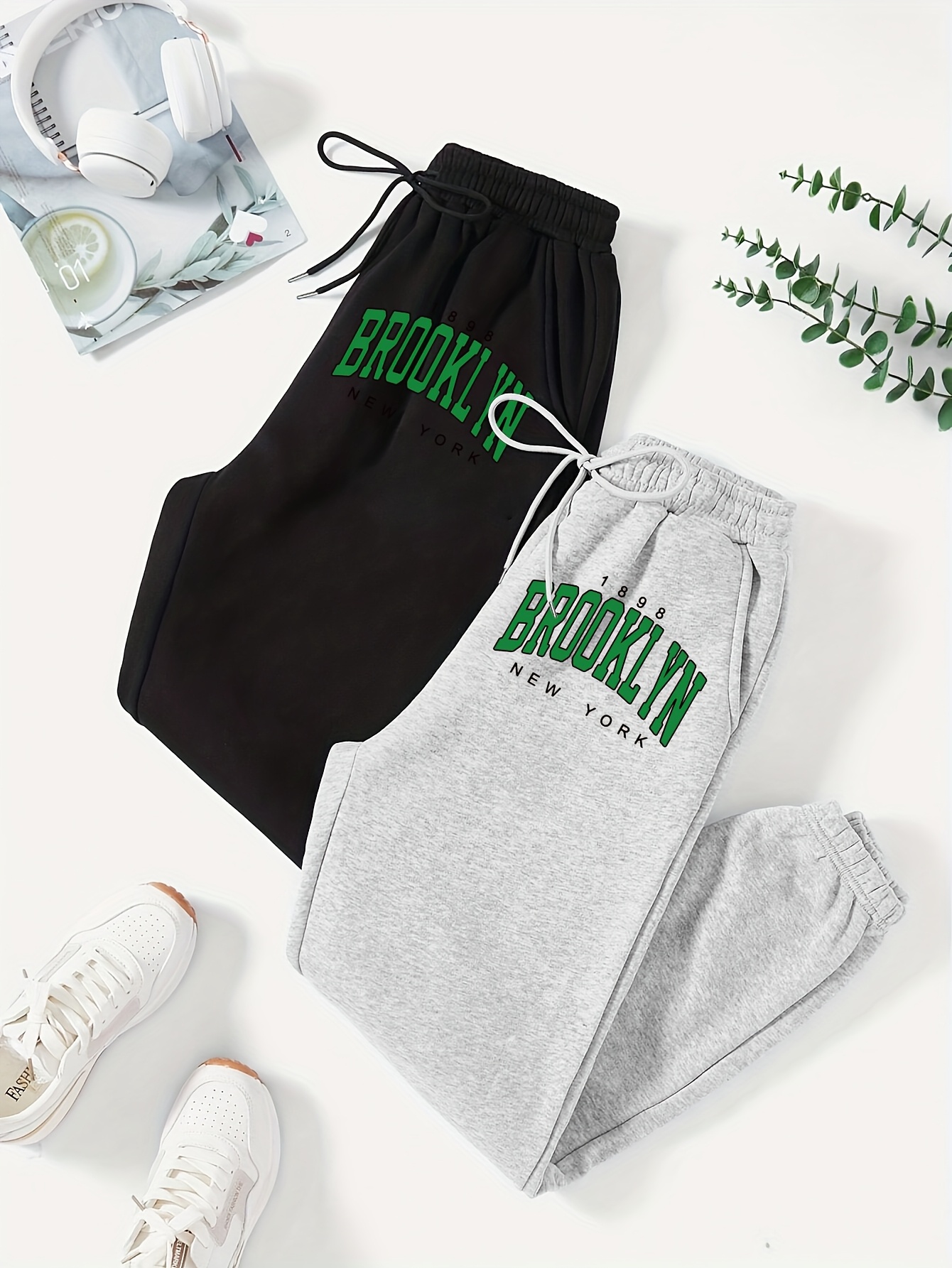 brooklyn nyc inspired womens joggers casual letter print elastic waist sport pants with pockets lightweight polyester    
