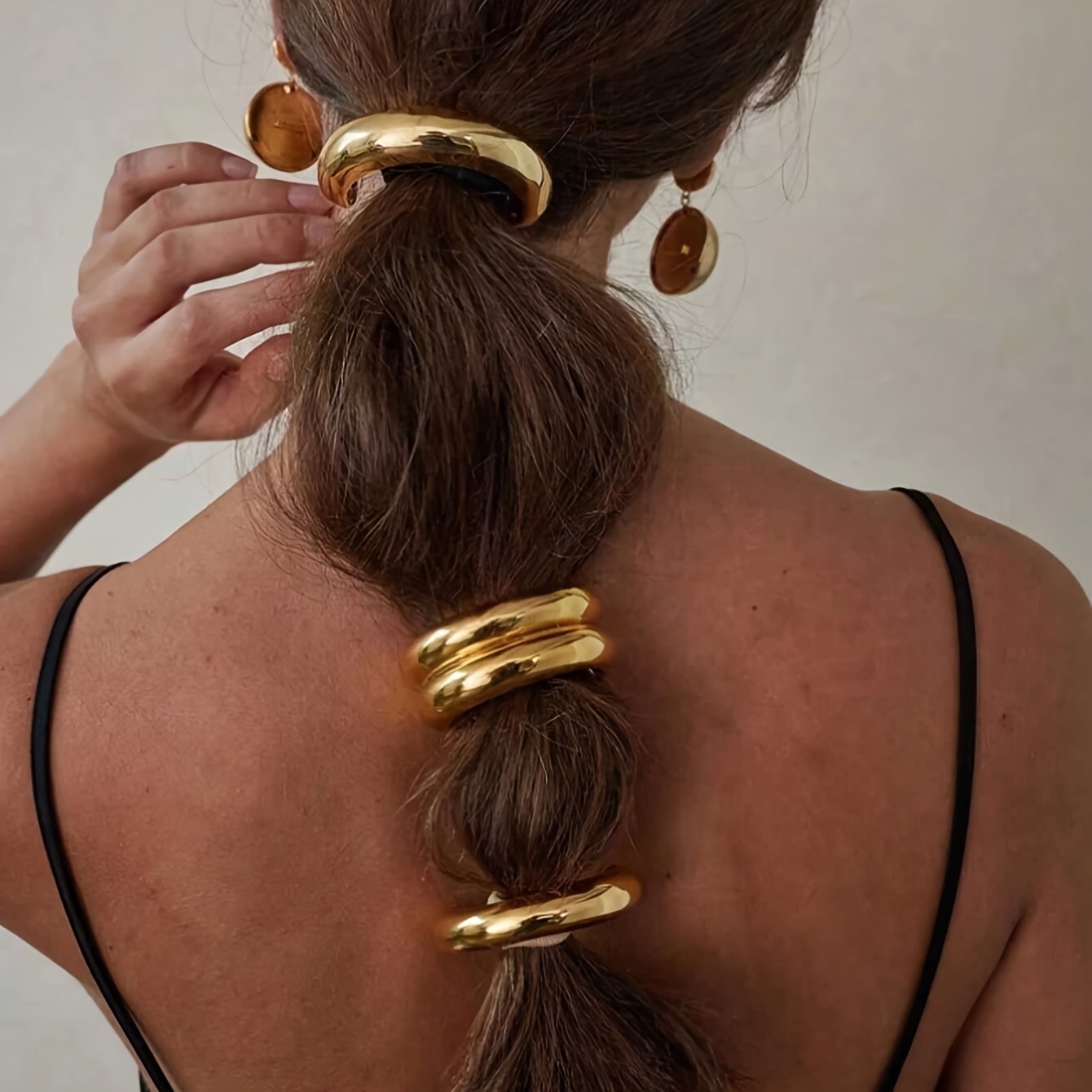 

Set Of 3 Golden/silvery Double-layered Geometric Hair Ties, Featuring A Unique Golden Hairband, Simple, , Hair Accessory.