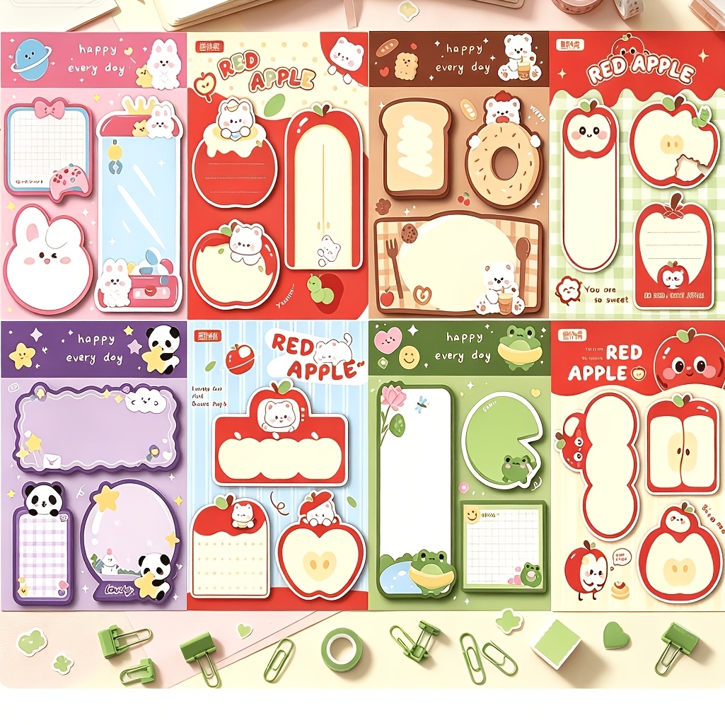 TEMU Lot de 8 blocs de notes autocollantes 480 feuilles avec de mignons animaux de dessin animé et pommes, Blocs-notes lignés pour , et , Fournitures