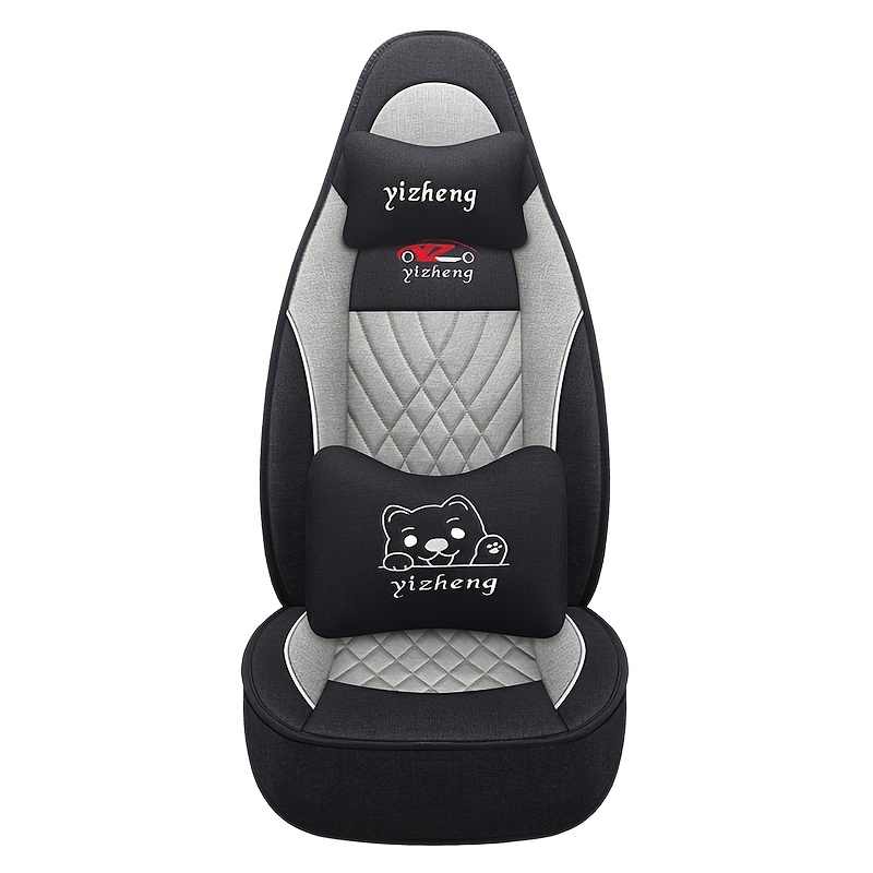 TEMU Luxurious Linen Full Set Car Seat Covers With Headrest And Cushions, Featuring A Cartoon Dog Pillow. Suitable For , Comfortable And Breathable
