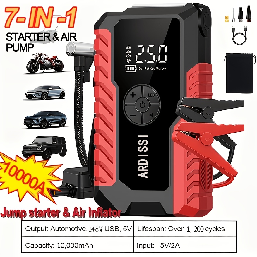 TEMU Démarreur d'urgence portable pour voiture, chargeur de batterie de voiture 12V, optionnel avec pompe à air 150PSI, démarreur d'urgence et