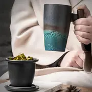 handmade ceramic coffee tea mug set large ceramic strainer creative retro mug cup pottery mug business gift set details 0
