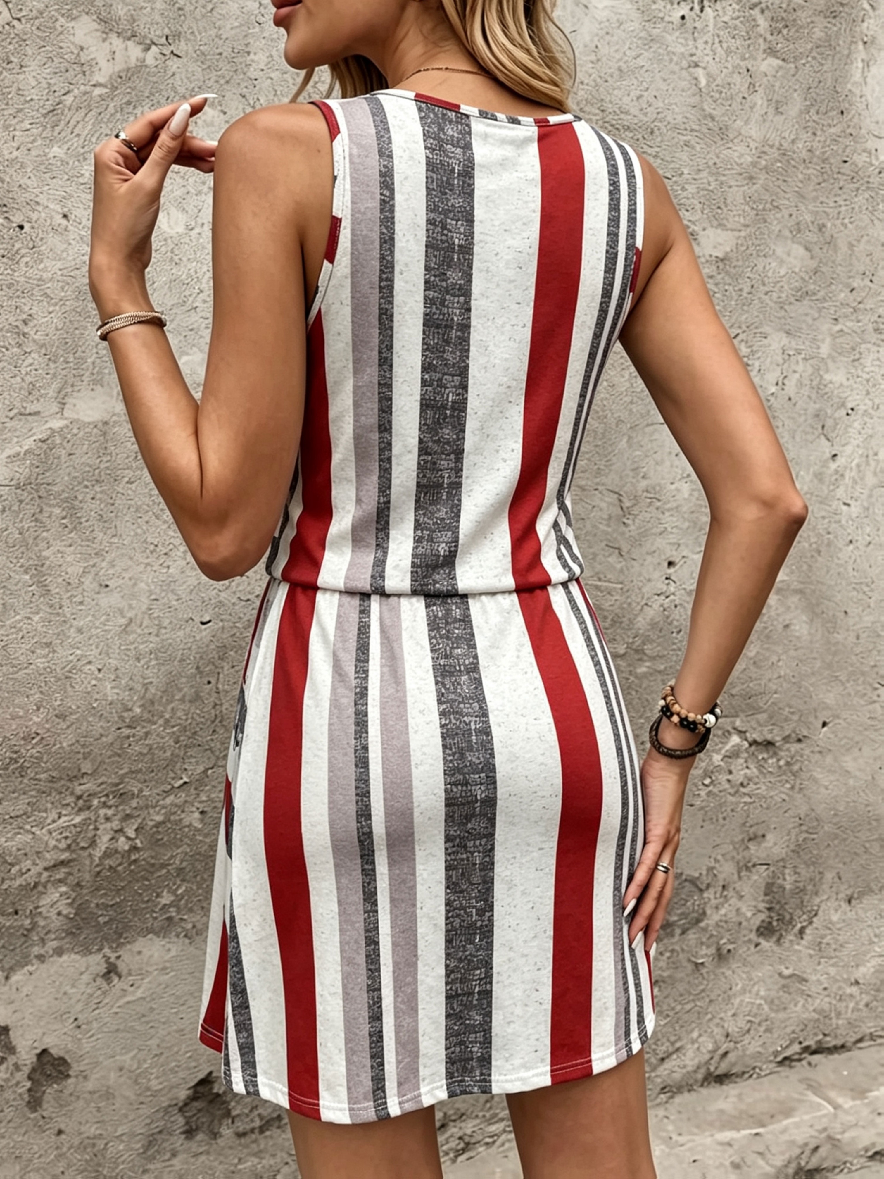 robe dété 2026 transfrontalière style européen et américain à imprimé rayé rouge, blanc et  ,   manches, à col rond large, à cordon de serrage à la taille, robe décontractée de plage pour les vacances, cintrée à la taille et moulante aux hanches 4