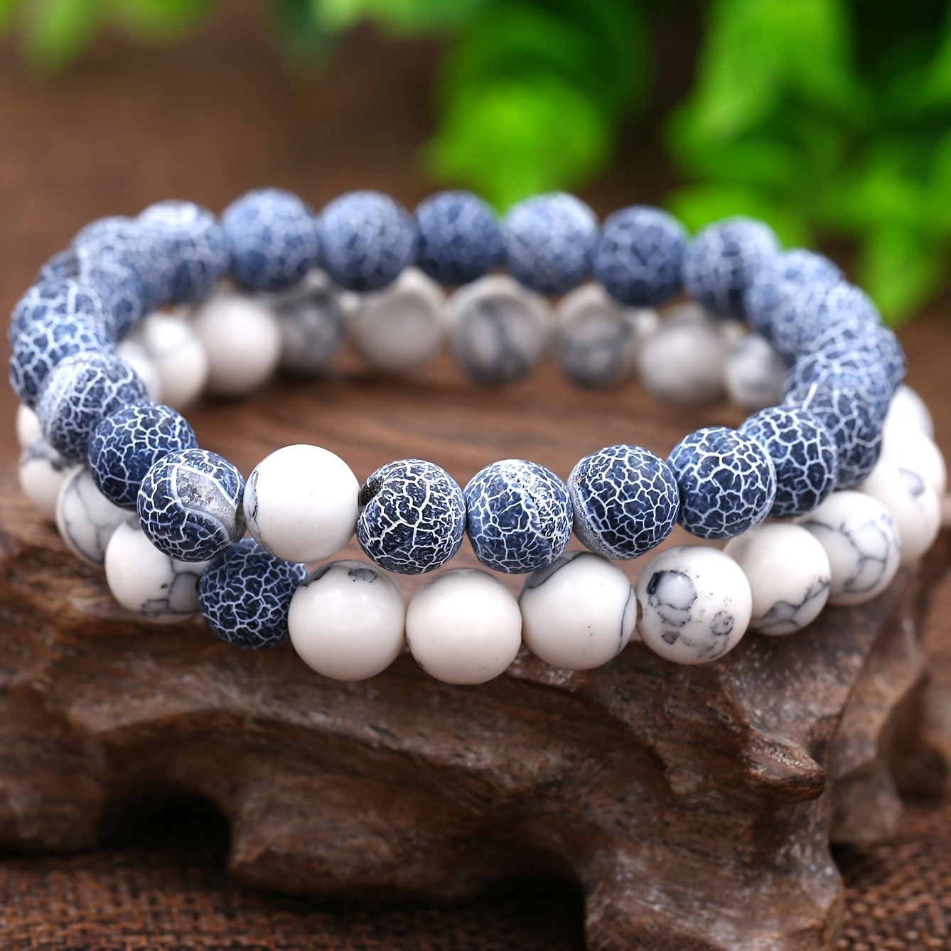 E-shop 2/3-teiliges Damenarmband mit blau-weißem Streifen aus Naturstein, einfaches und vielseitiges Perlenarmband für Paare, Doppelkreis-Set