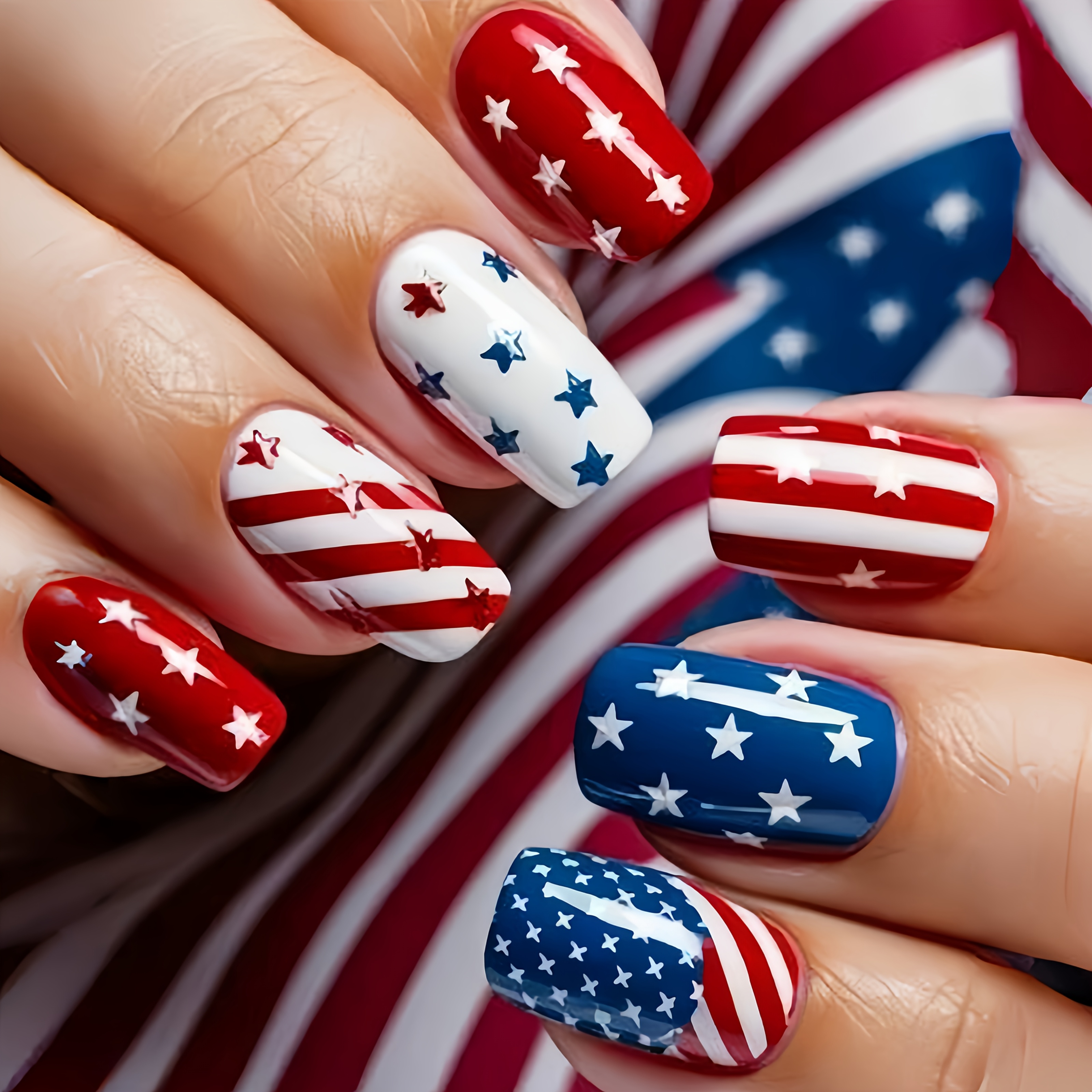 

24pcs Patriotic Press-on Nails, Middle Length Square Shape, , Red, Design, Removable Nail Art Stickers For