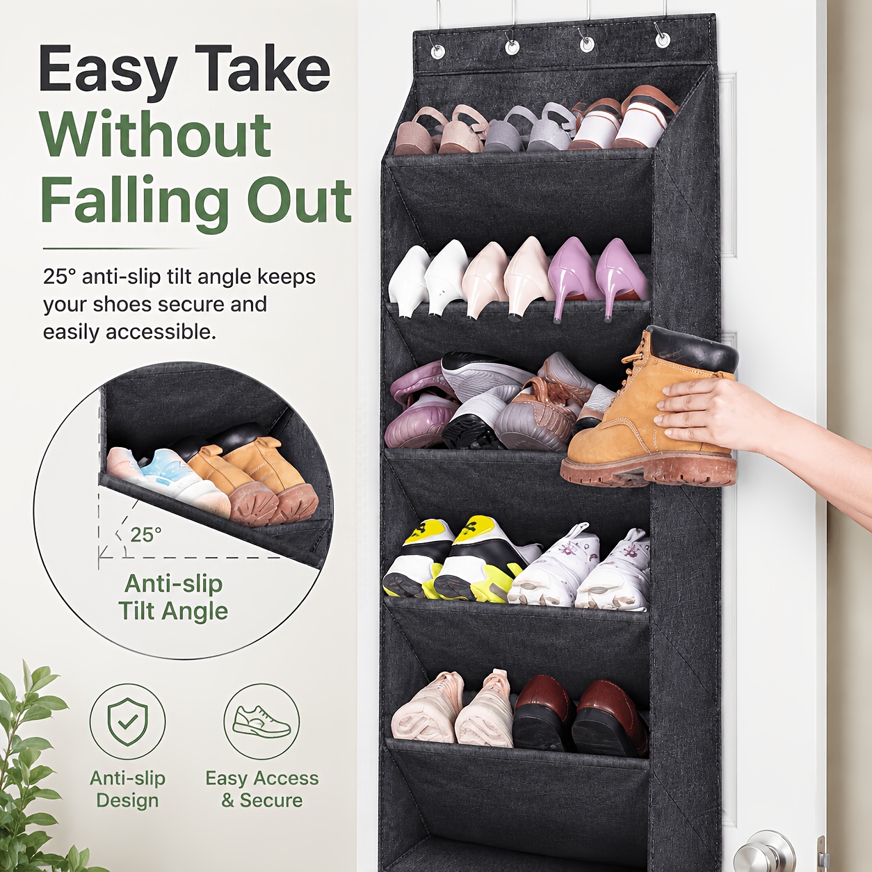 4/6/8 Tier Over The Door Hanging Shoe Rack With Deep Pockets, Large Capacity Space Fabric Shoe Organizer For Boots Sneakers Toys, Closet Dorm Back Of Door Storage Black