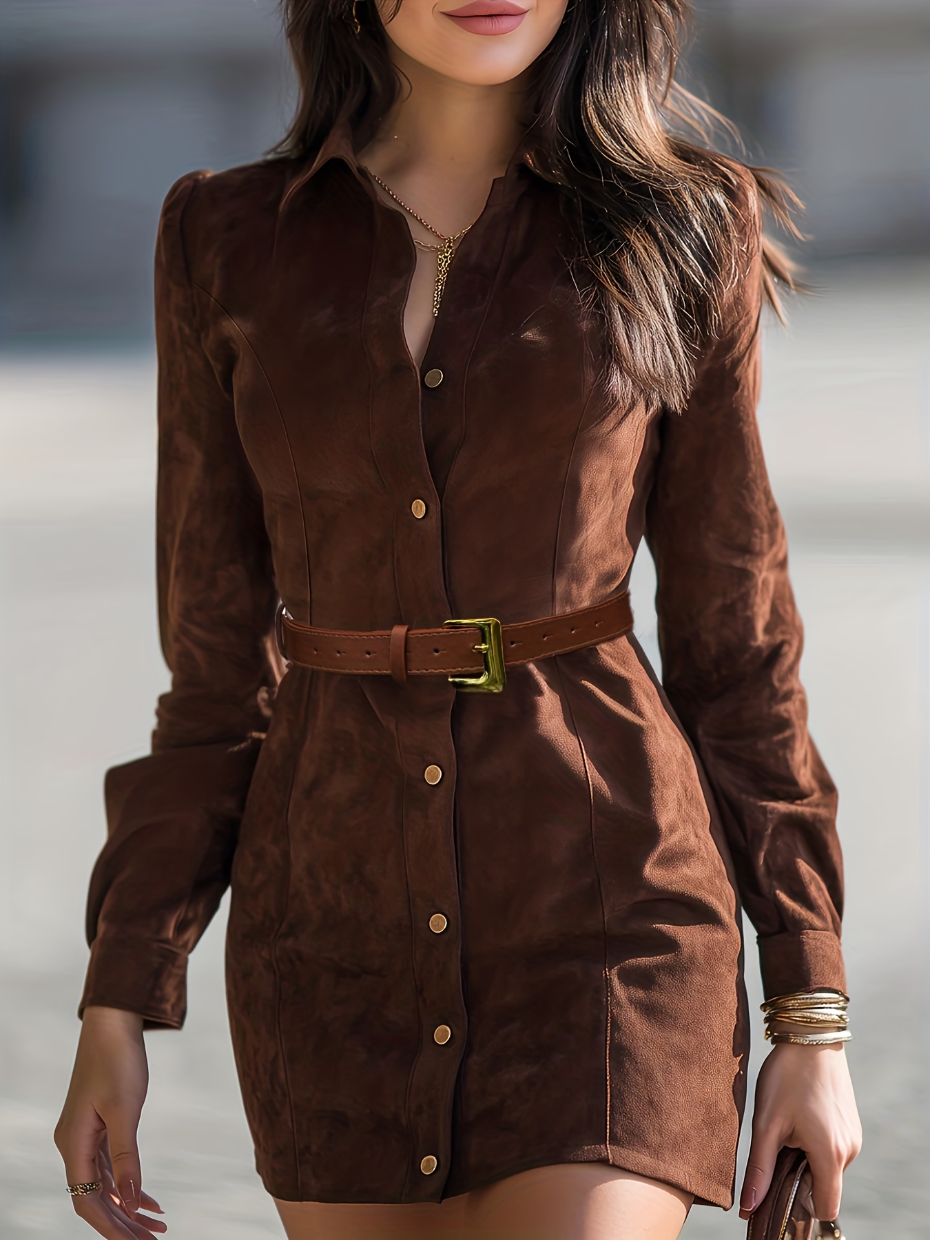 棕色仿麂皮衬衫连衣裙 收腰单排扣设计 秋冬时尚通勤短裙 商品详情 1