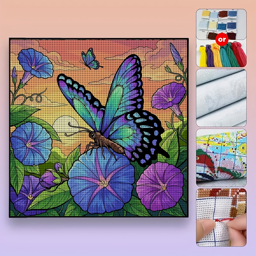DIY Cross-Stitch Printed Kit, Unframed Butterflies on Flowers