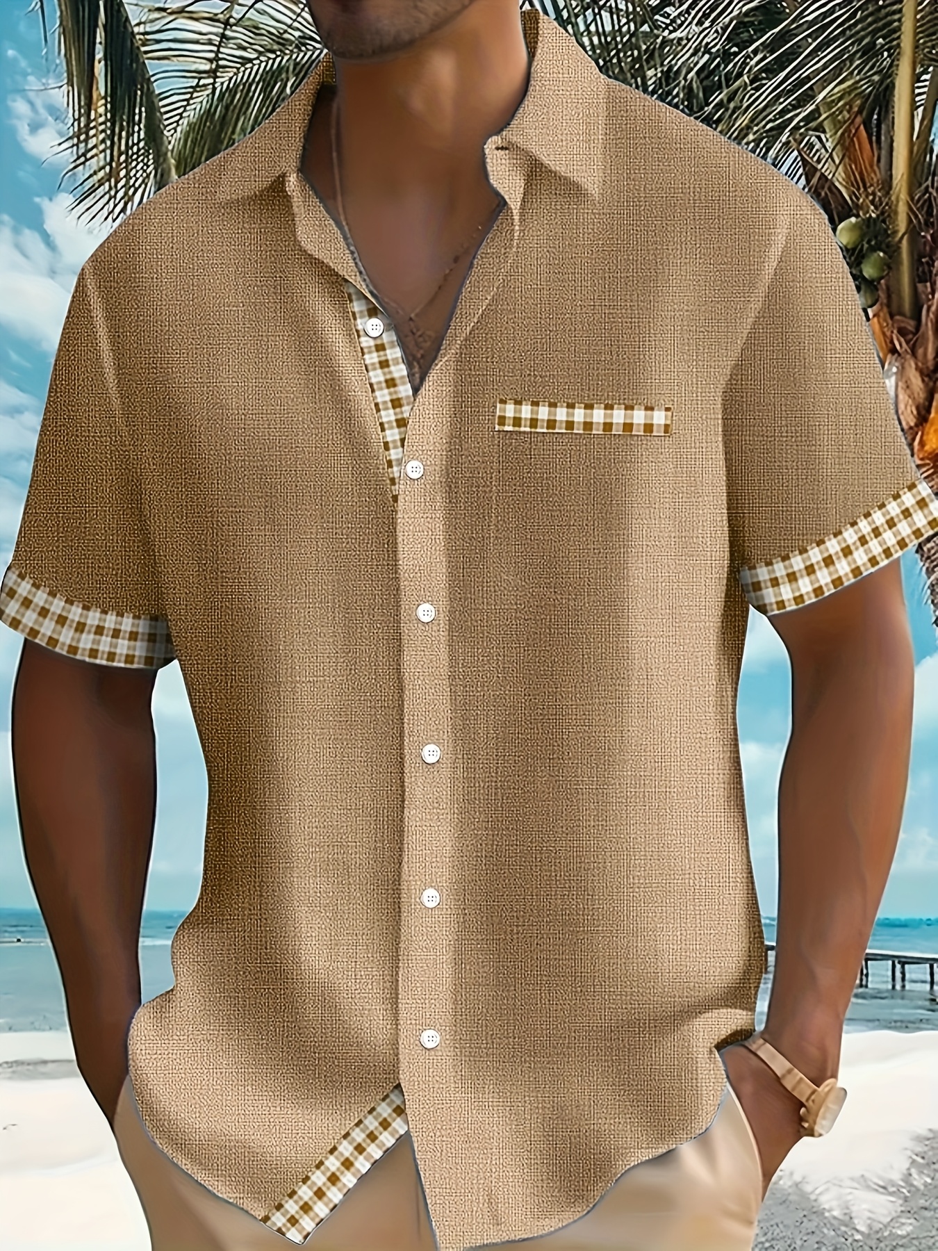Men's Casual Short Sleeve Shirt with Plaid Print & Tropical Palm Tree Graphic - Breathable Button-Up Shirt with Pockets, Machine Washable Summer Shirt for Beach & Casual Outings, PLUS SIZE