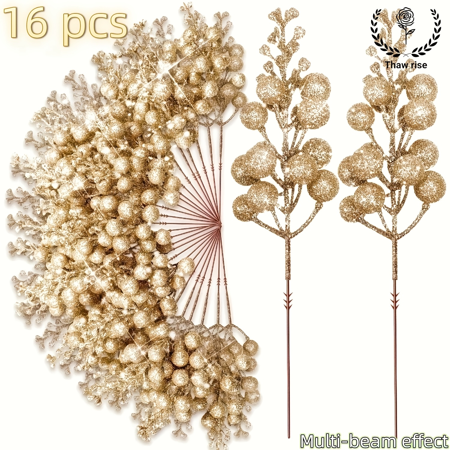 TEMU 16-pack Artificial Shiny Berry Branches - For Christmas Tree And Wreath Decoration, Reusable Plastic Berries With Sparkling Stems, Diy Holiday