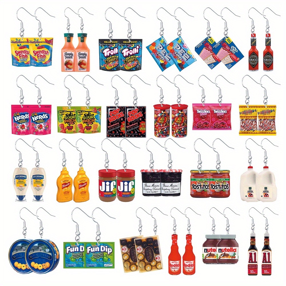 

24 Pairs Snack Food & Condiment Inspired Earrings Set - Cute Cartoon Acrylic Dangle Ear Accessories For Daily Wear & Gifting, No Plating, Solid Material, Versatile For All Seasons