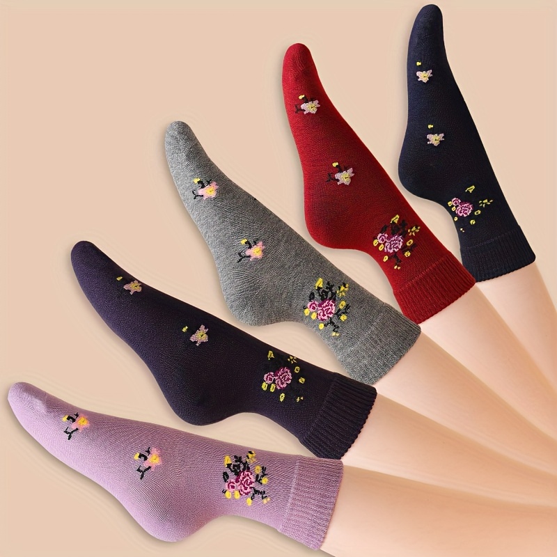 

5 Pairs Floral Pattern Crew Socks, Warm All- Mid Tube Socks For Fall & Winter, Women's Stockings & Hosiery