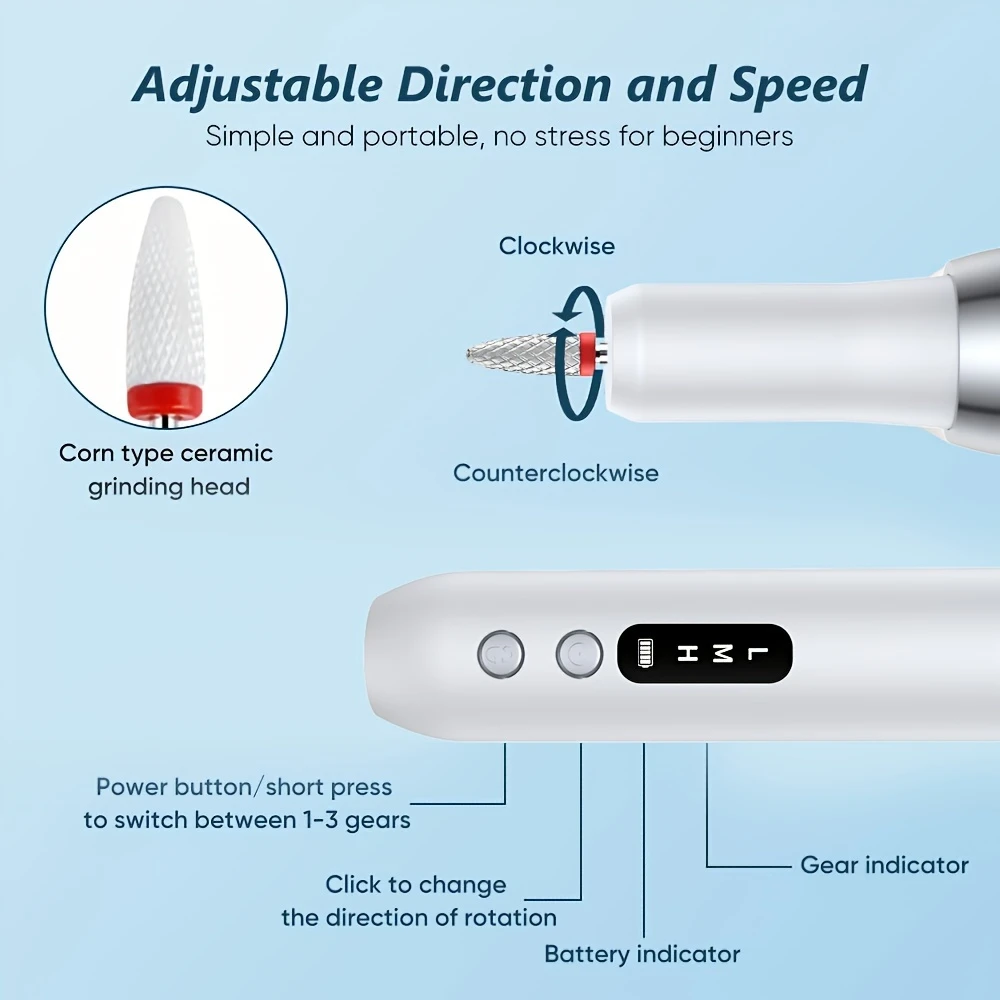 convenient and rechargeable cordless electric 3 level adjustment with drill and sanding belt manicure and pedicure kit for grinding polishing trimming acrylic gel nails details 3