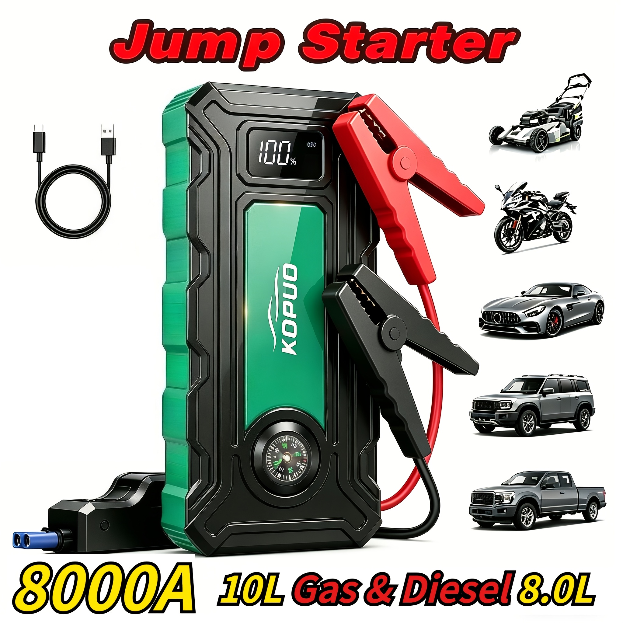 Image of Kopuo 5000a/8000a Professional Jump Starter Power Bank - Up To 10l Gas & 8.0l , Portable Charger With Led Light & Compass, Emergency For Car Truck Motorcycle