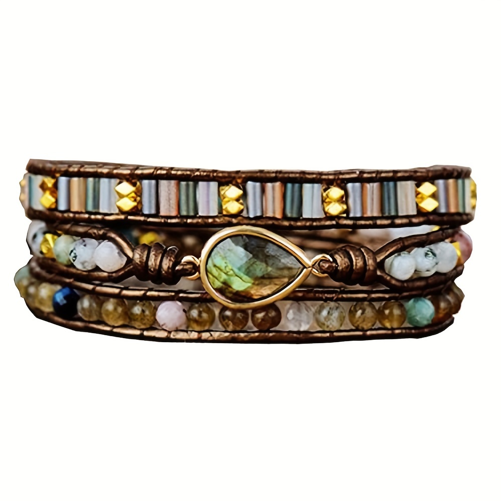

Boho 3 Wrap Bracelets Natural Jasper Crystal Labradorite Stone Variety Beads Strand Bracelet