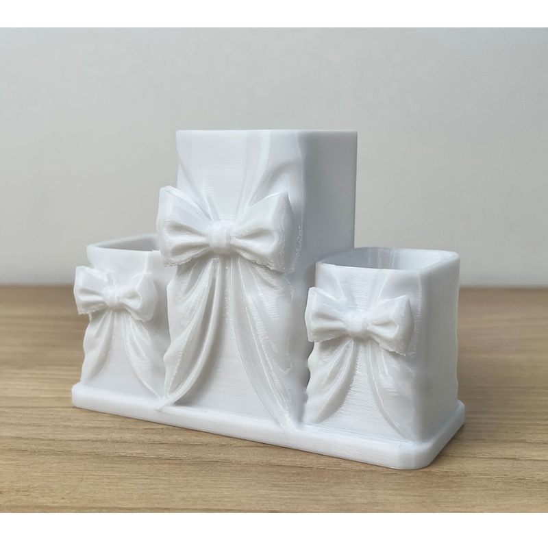 TEMU White Milk-colored Bow Cosmetic Storage Box, With A 3d Embossed . Suitable For Makeup Brushes, Lipsticks, Eyebrow Pencils. Ideal For Use As A